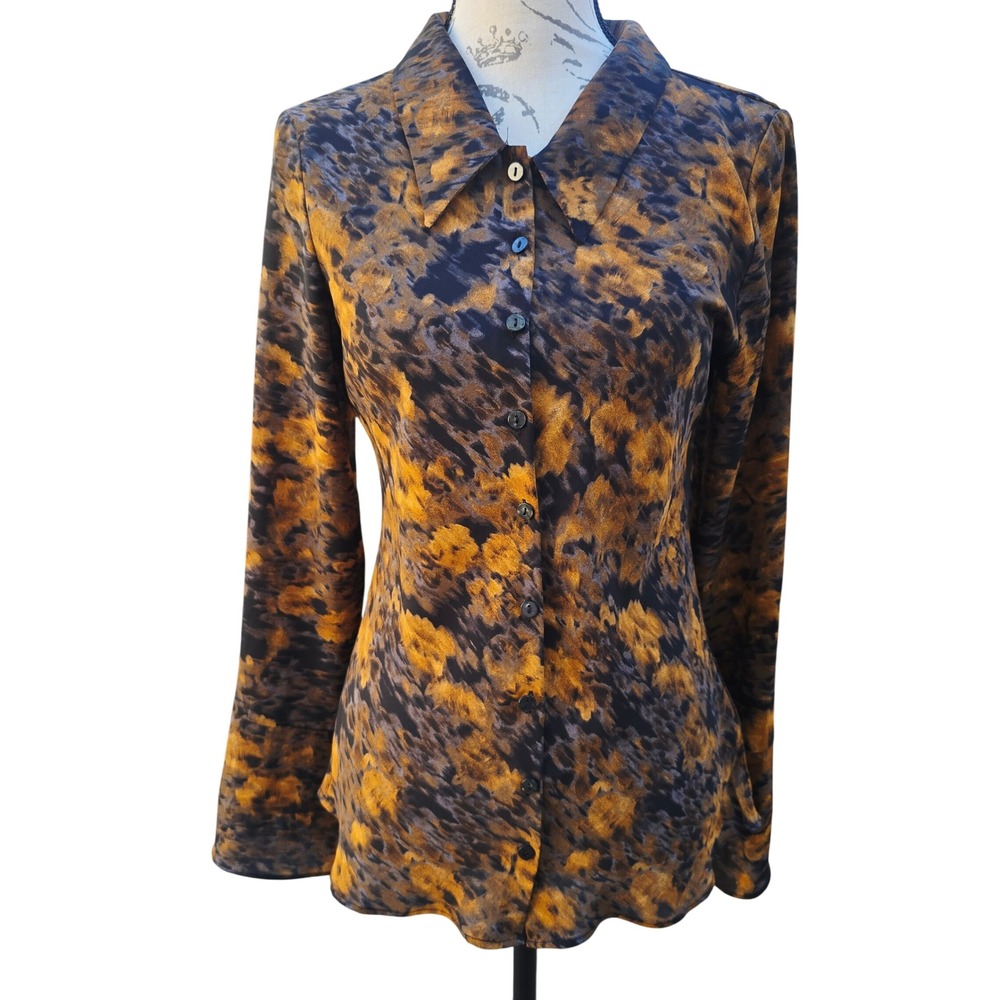 Rachel Zoe -1835 Button Down Top Mustard Black Abstract Print‎ Long Sleeve Small